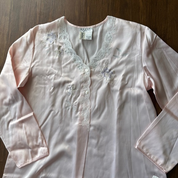 Vintage NATORI Nightgown Medium Pink Satin Long Sleeve Tunic Embroidered Lace - Picture 2 of 14